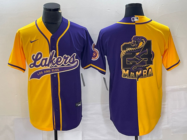 Men's Los Angeles Lakers Gold/Purple Split #24 Mamba Big Logo Cool Base Stitched Baseball Jersey Men's Los Angeles Lakers Gold/Purple Split #24 Mamba Big Logo Cool Base Stitched Baseball Jersey
